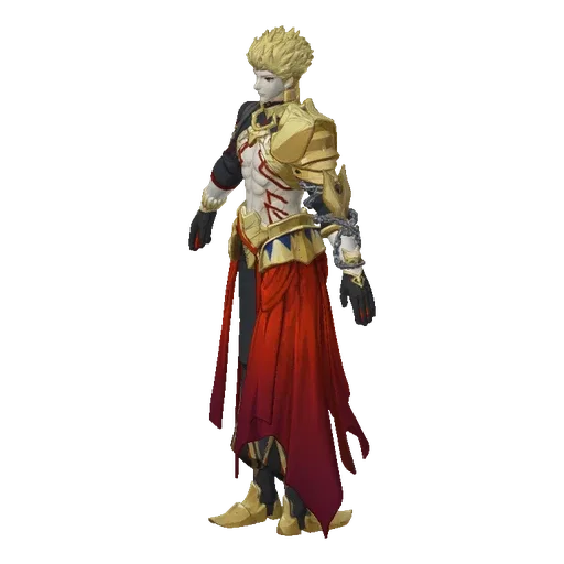 3D model of a regal king with golden armor, a flowing red cape, and chains on his arm, viewed from the side.