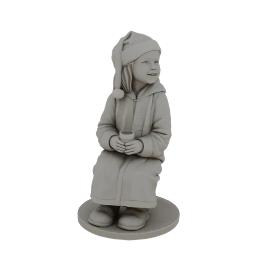 3D model of a child wearing a Santa hat and holding a mug, sitting on a circular base.