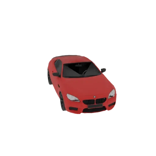 Modello 3D di una coupé sportiva rossa vista da un'angolazione anteriore-destra leggermente elevata su sfondo bianco.