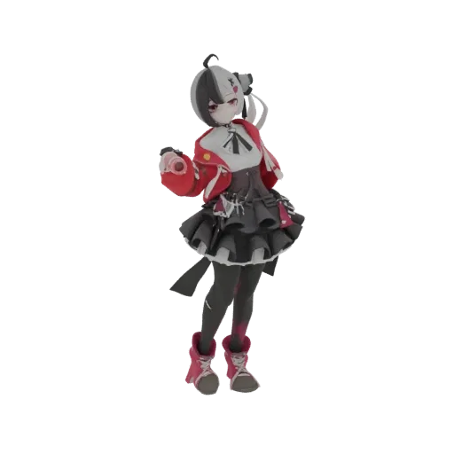 3D model of a gothic anime girl with black and white hair, red jacket, and ruffled skirt, standing against a black background.