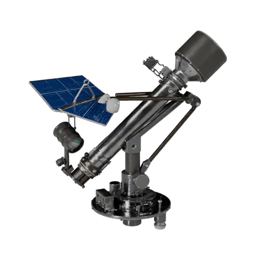 Research Telescope 3D model, three-quarter front view, Unreal Engine viewport, showing metal tubes, optical alignment.