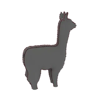 A 3D render of a stylized alpaca with a smooth gray body and a textured, reddish-brown outline, standing in profile against a