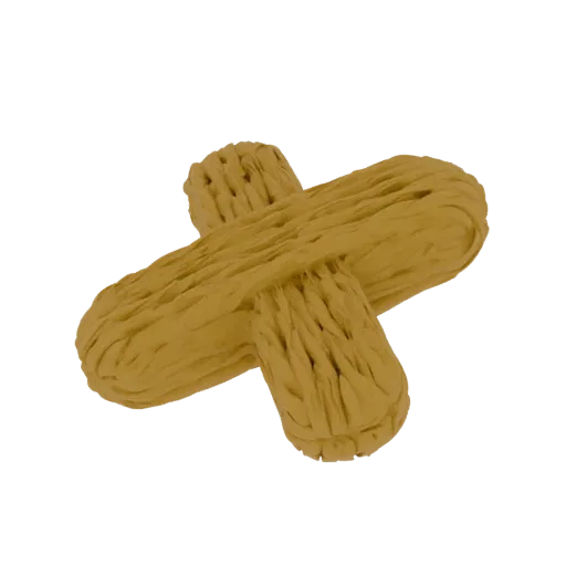 3D render of a woven cross shape with a textured, earthy yellow surface, isolated on a white background.