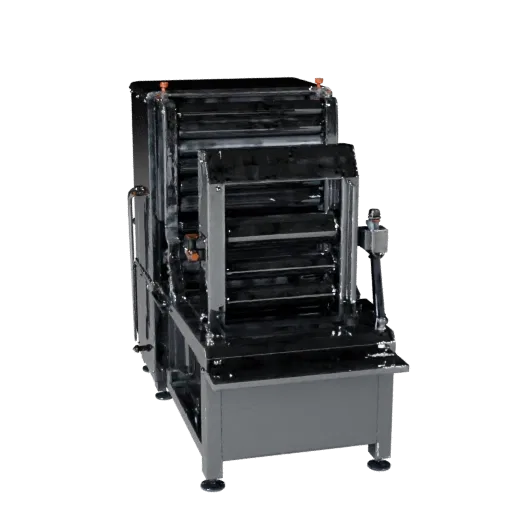 Modelo 3D Máquina de Embalagem Automatizada, renderização de estúdio em três quartos, mostrando aço pintado, detalhe da forma.