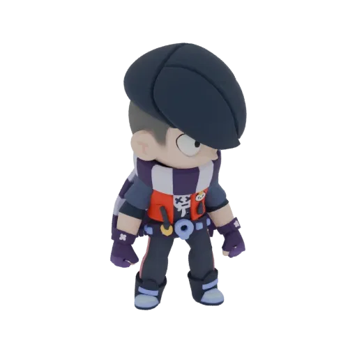 3D model of Edgar from Brawl Stars, a young character with a purple scarf and dark cap, standing against a black background.