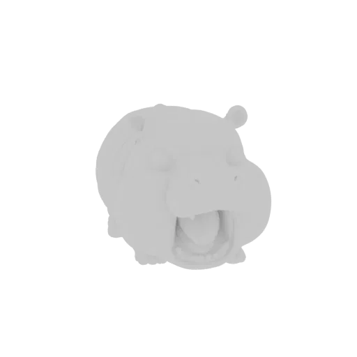 A 3D render of a stylized white hippo head with its mouth open, against a black background.