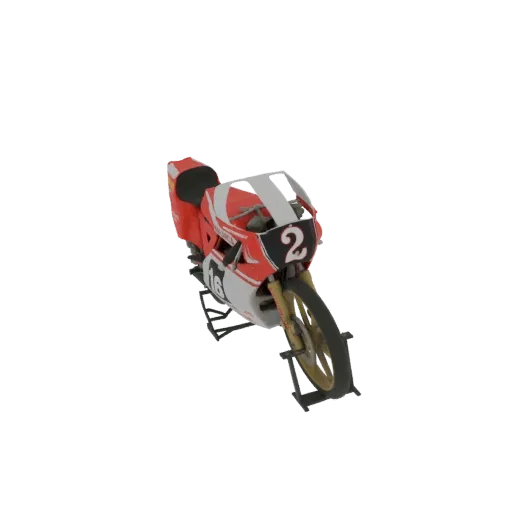 3D model of a vintage red and white racing motorcycle with the number 2 on the front and 16 on the side, displayed on a stand
