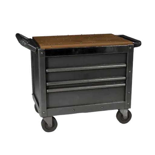 Industrial Tool Cart Stylized 3D model, stylized isometric render, showing steel frames, stable fixtures.