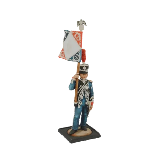 3D model of a French Imperial Guard Drummer in uniform, holding a French tricolor flag, standing on a base.