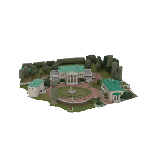 3D model of an elegant estate with a central mansion, two smaller buildings, a circular driveway, fountain, and manicured gar