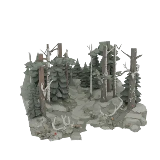 Modello 3D di un diorama di foresta incantata in miniatura con pini e betulle, un sentiero tortuoso, rocce e corna decorative