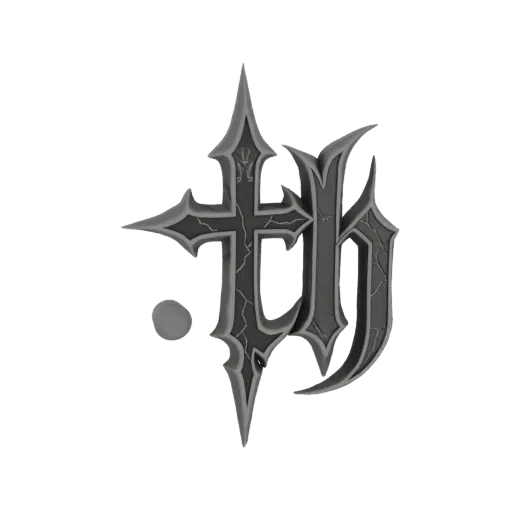 3D render of a gothic cross intertwined with the initials 'TH', featuring sharp edges and a weathered, dark stone texture.