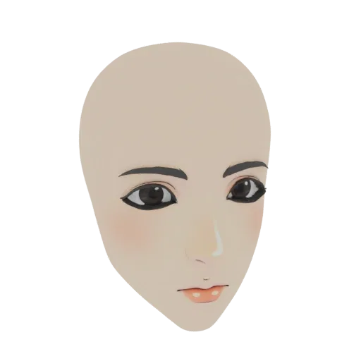 3D model of a stylized female face with soft blush and detailed eyes, presented on a white background.