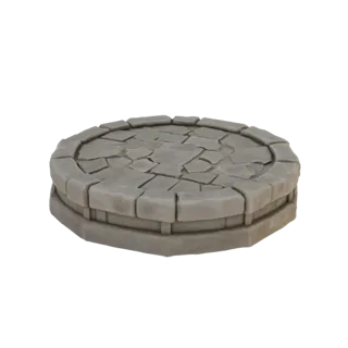 Modello 3D base rotonda in vecchia pietra per miniature con crepe e irregolarità, su sfondo grigio.