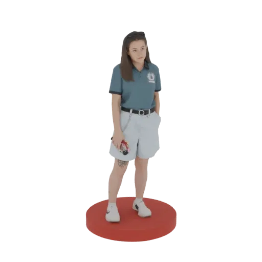 3D model of a young woman in a blue polo shirt and light shorts, standing on a red circular base.
