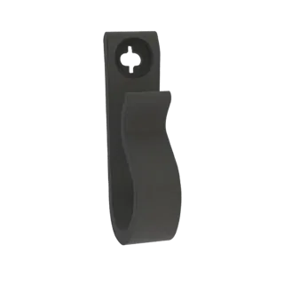 Un rendering 3D di un portaclip nero con un'apertura curva e un'asola per il montaggio, isolato su uno sfondo bianco.