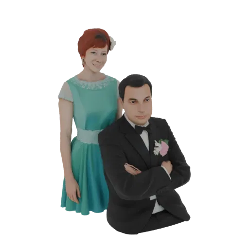 3D model of an elegant couple in formal attire, a man in a tuxedo and a woman in a teal dress.