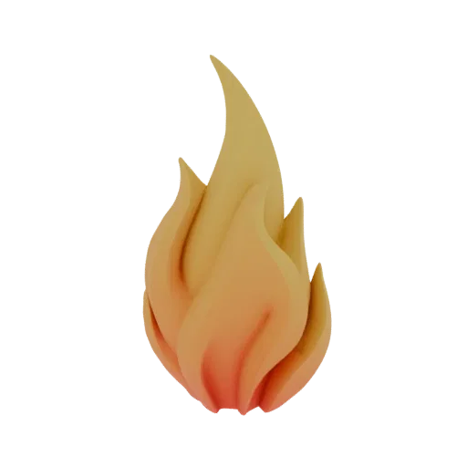 A stylized 3D model of a flame, rendered with a smooth gradient from red at the base to yellow at the top, against a black ba