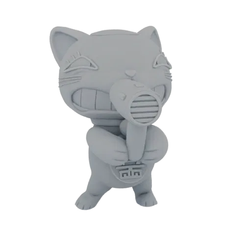 3D model of a gray, stylized cat with a wide grin, holding a miniature hair dryer in its paws.