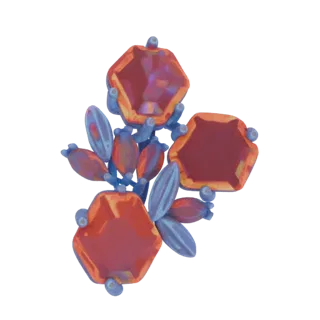 3D model of an ornate brooch with three hexagonal red-orange gems and surrounding blue floral-like accents, set against a whi