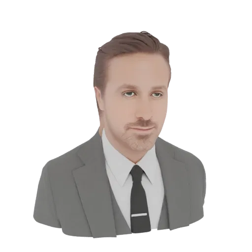 3D-Büstenmodell des Schauspielers Ryan Gosling in einem grauen Anzug und Krawatte, mit neutralem Ausdruck.