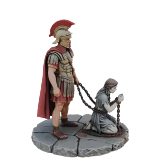 Modello 3D di un Centurione Romano in armatura che guida una donna prigioniera incatenata su una base di pietra.