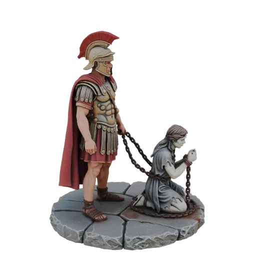 3D model of a Roman Centurion in armor leading a chained captive woman on a stone base.