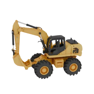 3D model of yellow Tveks EK-14 wheeled excavator, 1:14 scale, side view