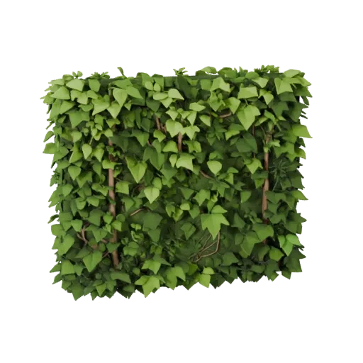 Ivy Covered Wall Vegetation Low Poly 3D model, game viewport three-quarter view, showing leaf clusters, terrain detail.