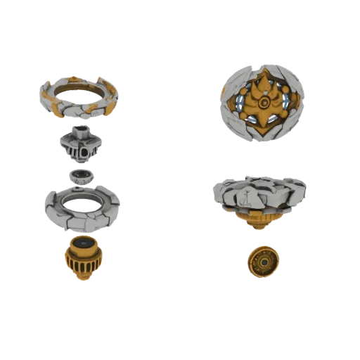 3D render of a cracked stone Beyblade with golden accents, shown assembled and disassembled.