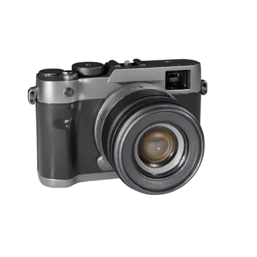Mirrorless Instant Camera 3D model, three-quarter front view, AR viewer studio render, showing detail and scale.