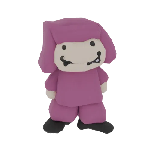 3D render of a cute chibi character with pink hair, wearing purple overalls and black shoes, with a simple smiling face.