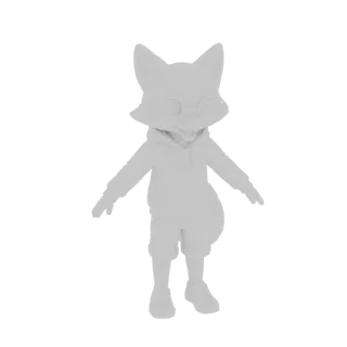 3D model render of an anthropomorphic fox character wearing a grey hoodie and round glasses, standing with arms slightly out.