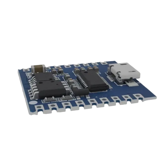 3D model render of a blue PCB with a Micro USB connector and various electronic components
