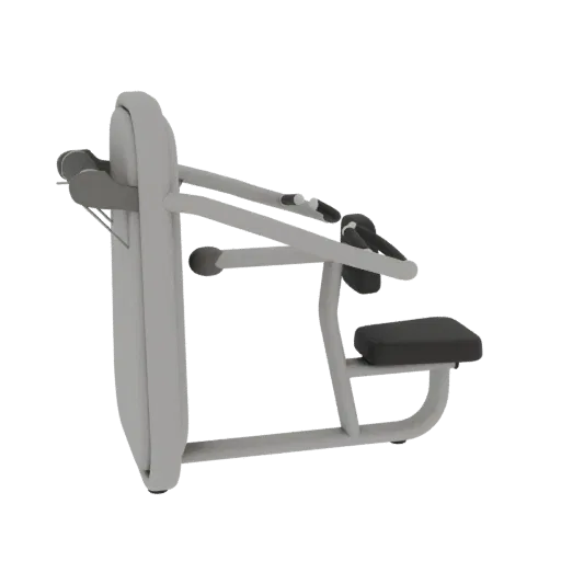 3D model of a light gray seated chest press machine with a black seat and arm handles, viewed from the side.