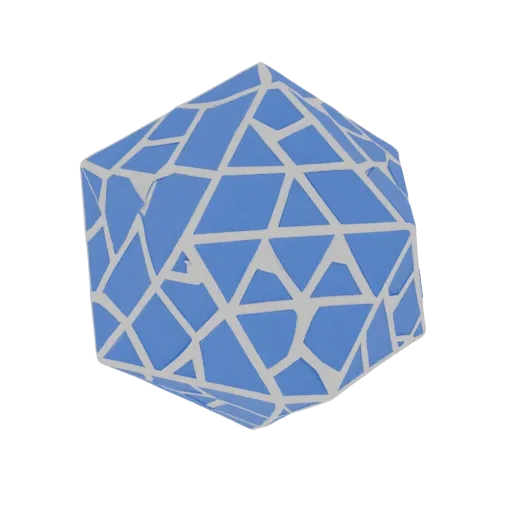 3D model of an icosahedron with a detailed texture, composed of many blue triangular faces separated by gray lines.