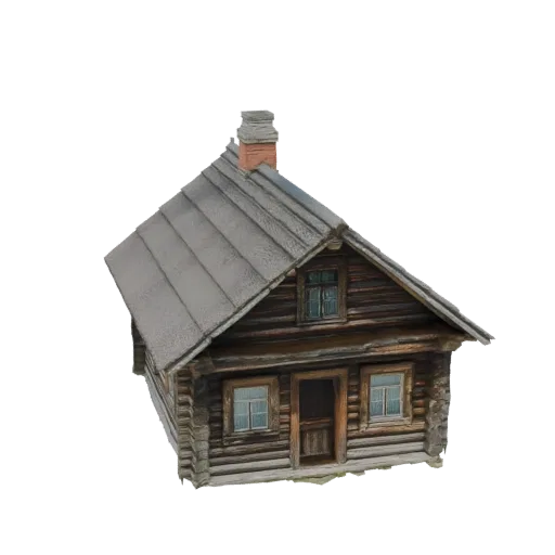 3D model of a rustic log cabin with a grey shingled roof, stone chimney, and wooden walls, set against a black background.
