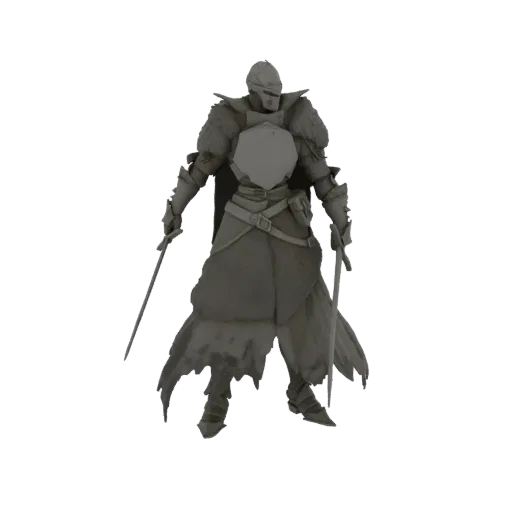 3D model of a dark knight in full armor, holding two swords and wearing a tattered cape, against a white background.