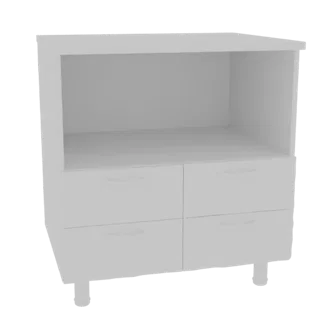 A 3D render of a modern white kitchen cabinet with an open shelf above four drawers, resting on four cylindrical legs.