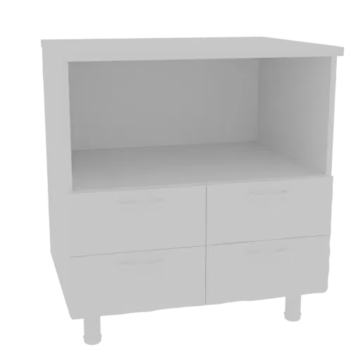 A 3D render of a modern white kitchen cabinet with an open shelf above four drawers, resting on four cylindrical legs.