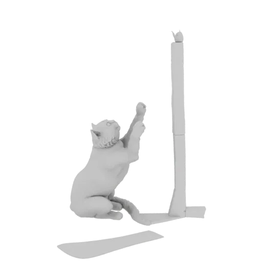 3D model of a light gray cat leaping to catch a butterfly on top of a tall post, with a mat on the ground.