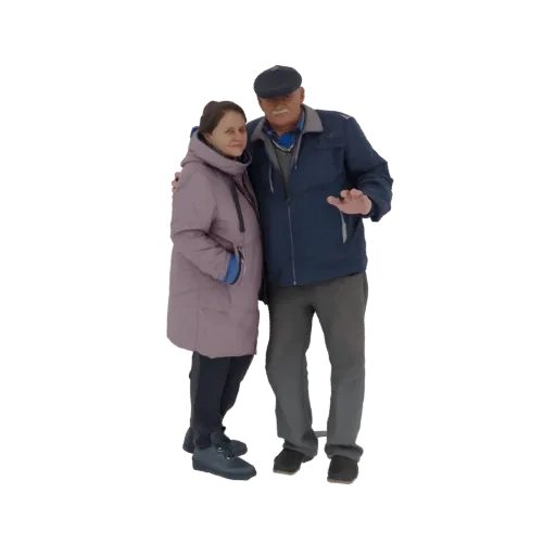 3D model of an elderly couple, a man and a woman, embracing warmly, with the man wearing a cap and blue jacket, and the woman
