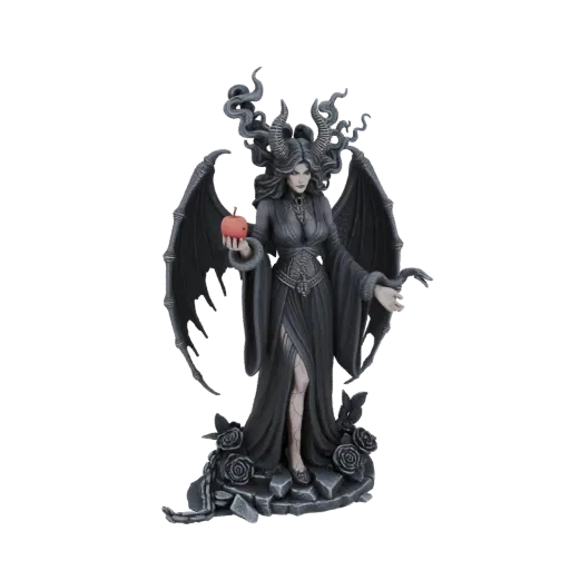 3D model of a gothic sorceress with black wings, horns, and a red apple, standing on a base of roses and stones.