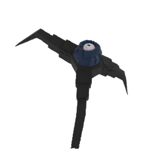 Modelo 3D de um drone mecânico escuro com um grande olho central e quatro membros afiados em forma de foice, contra um fundo