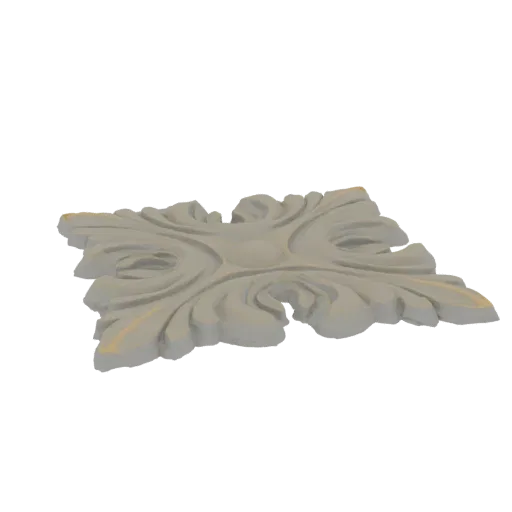 3D model render of a square, ornate plaque with acanthus leaf carvings and subtle gold highlights on a black background.