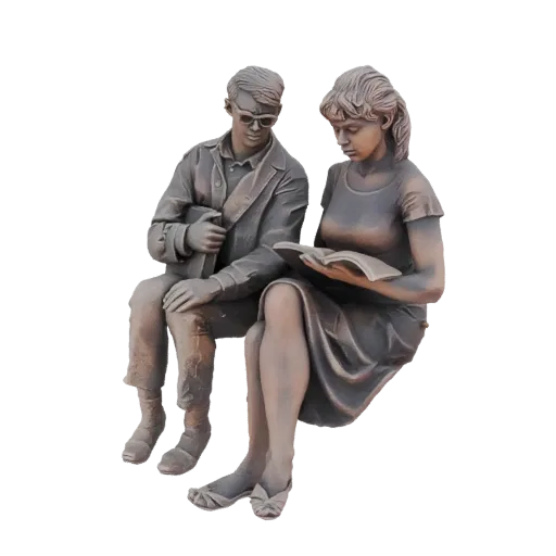 Modelo 3D de escultura estilo bronze de um homem e uma mulher sentados juntos lendo livros.