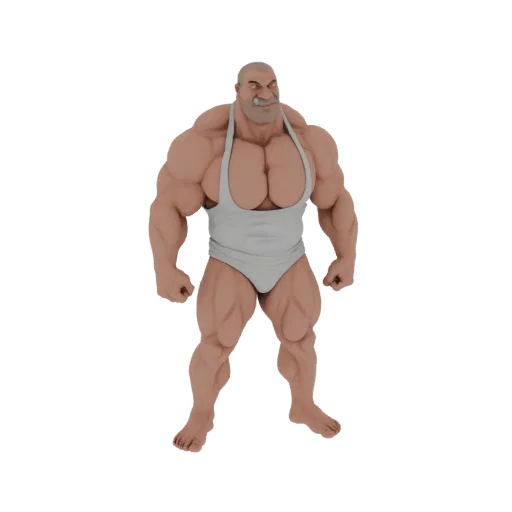 Modelo 3D de um fisiculturista musculoso com músculos exagerados, vestindo uma regata branca, em pé com confiança.