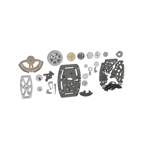 Exploded view of a complex clockwork mechanism, showing numerous gears, springs, and plates arranged separately.