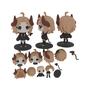 3D model of a chibi demon girl with blonde hair, blue eyes, red horns, and interchangeable parts, shown from multiple angles.