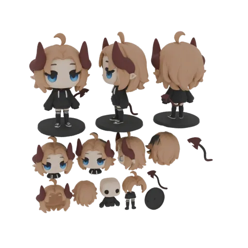 3D model of a chibi demon girl with blonde hair, blue eyes, red horns, and interchangeable parts, shown from multiple angles.